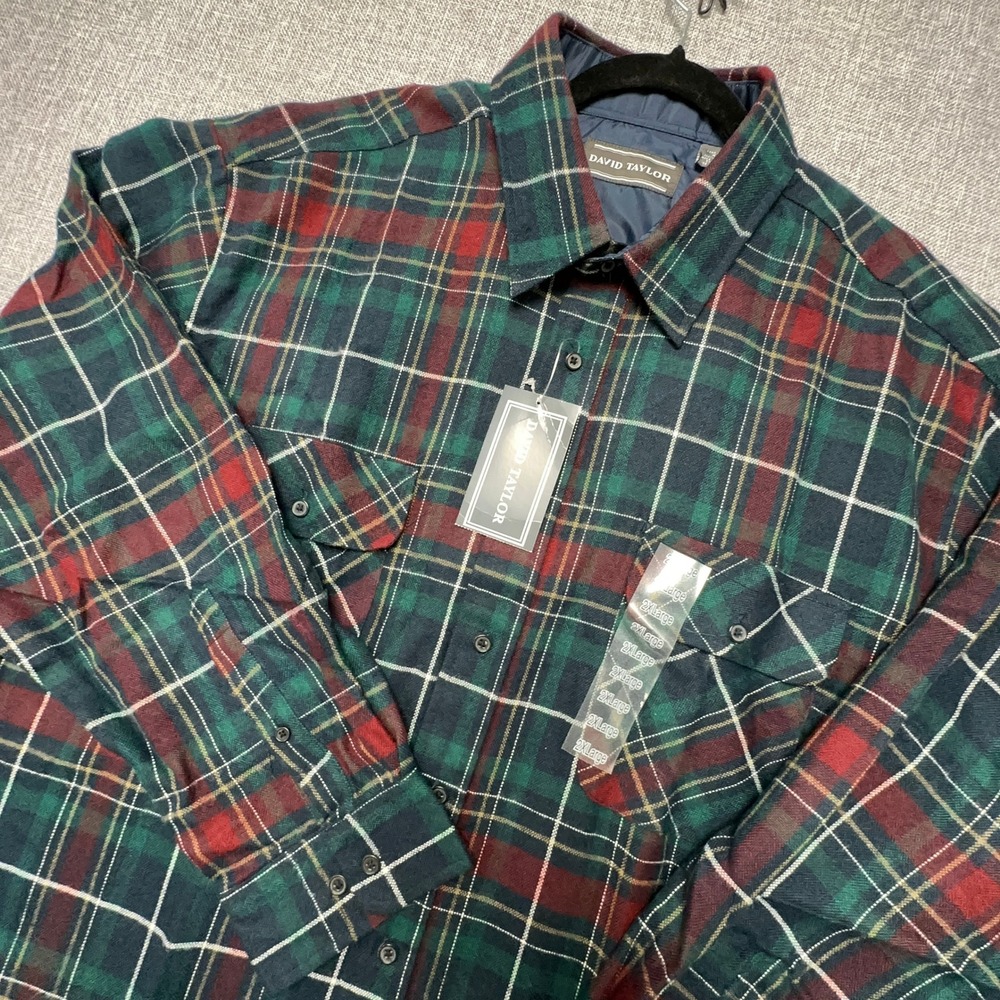 Vintage Sears David Taylor Plaid Shirt Men XXL Green Red Lightweight Flannel NEW